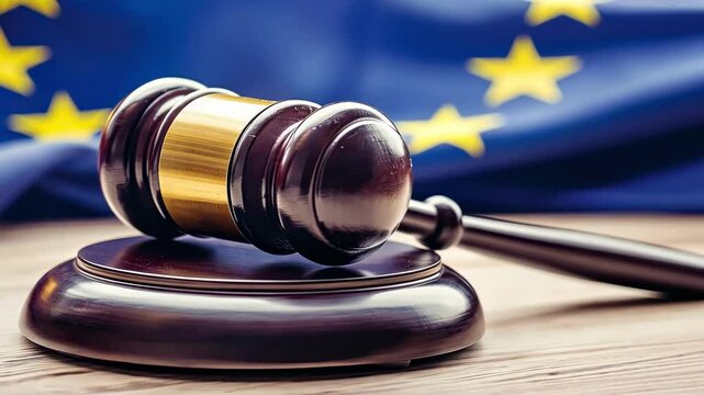judge's gavel on the background of the flag of the European Union. Selective focus