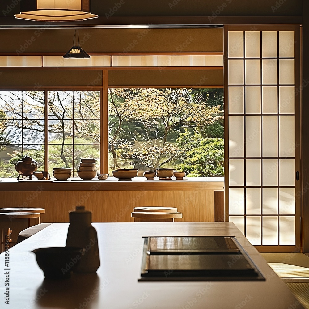 Poster a spacious room with numerous windows and a table adorned with a vase, placed beside a window