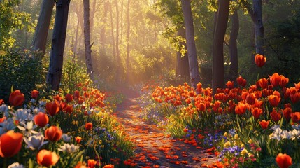 Obraz premium Sunlit path through a vibrant spring forest with red and white tulips.