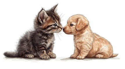 Adorable kitten and puppy facing each other, nose to nose, on white background.