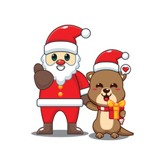 Cute otter with santa claus cartoon vector illustration.