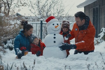 Family enjoys building a snowman together in a snowy yard during winter