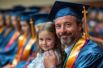 Father and child share a special moment at kindergarten graduation ceremony