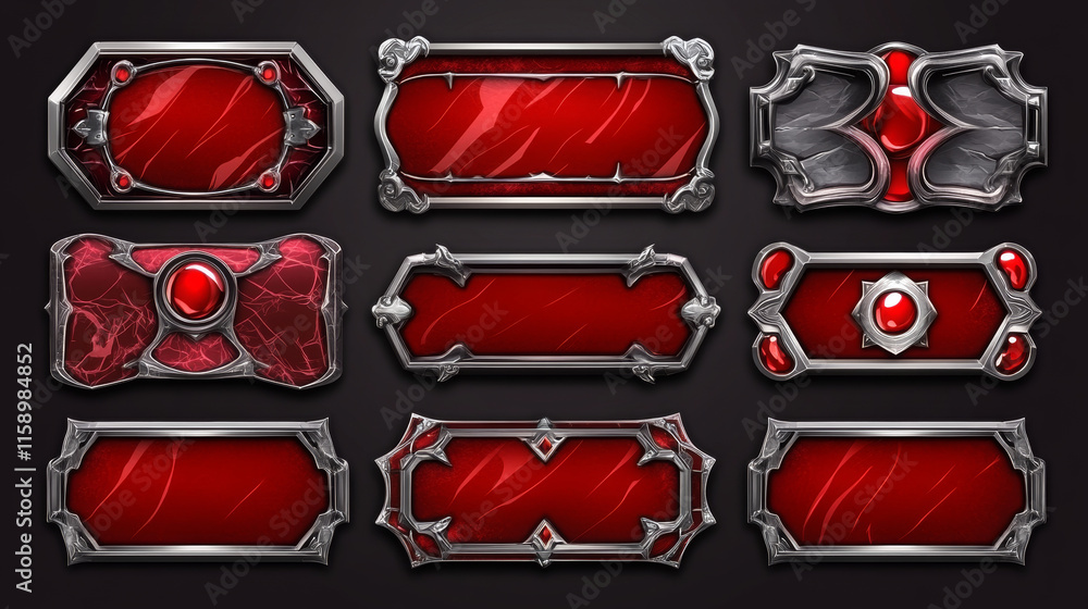 Poster red ui button frame for fantasy game banner vector. medieval title bar element set. play interface w
