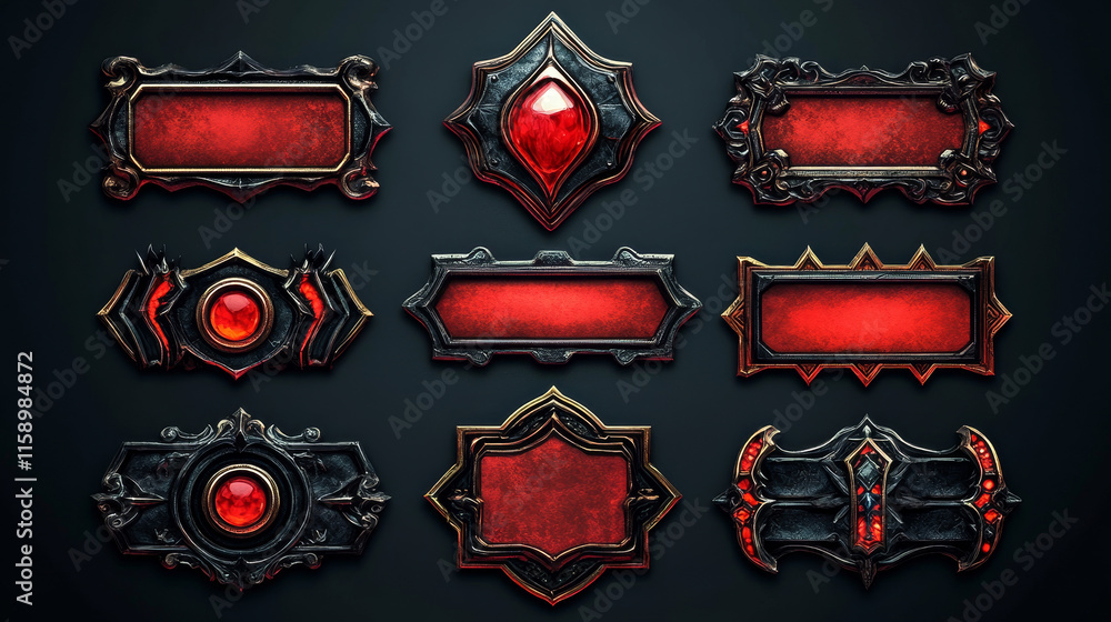 Poster red ui button frame for fantasy game banner vector. medieval title bar element set. play interface w