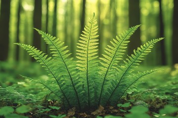 Lush green fern thriving in a tranquil forest environment