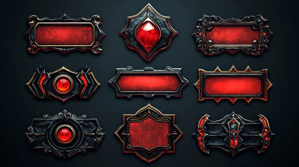 Red ui button frame for fantasy game banner vector. Medieval title bar element set. Play interface with metal border for rpg or casino app. Decorative ornate glossy menu panel or badge collection