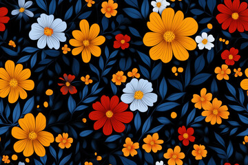Seamless vibrant colorful floral pattern on dark background