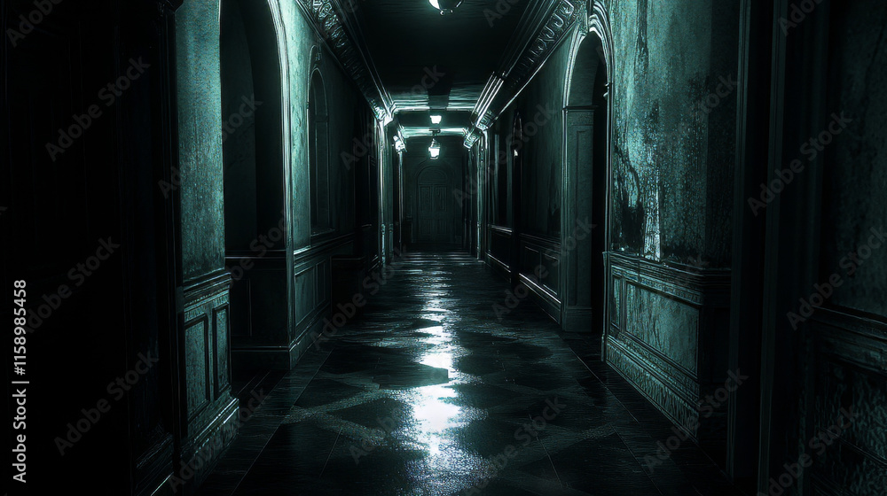 Aufkleber a dark corridor lit by white neon lights. reflections on the floor and walls. empty background in th