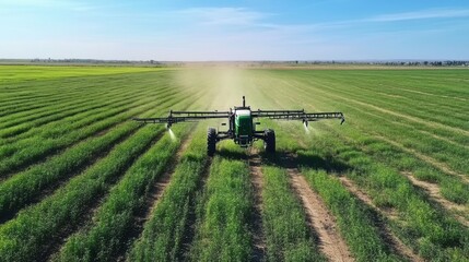 ractor spray fertilizer on green field drone high angle view, agriculture background concept.