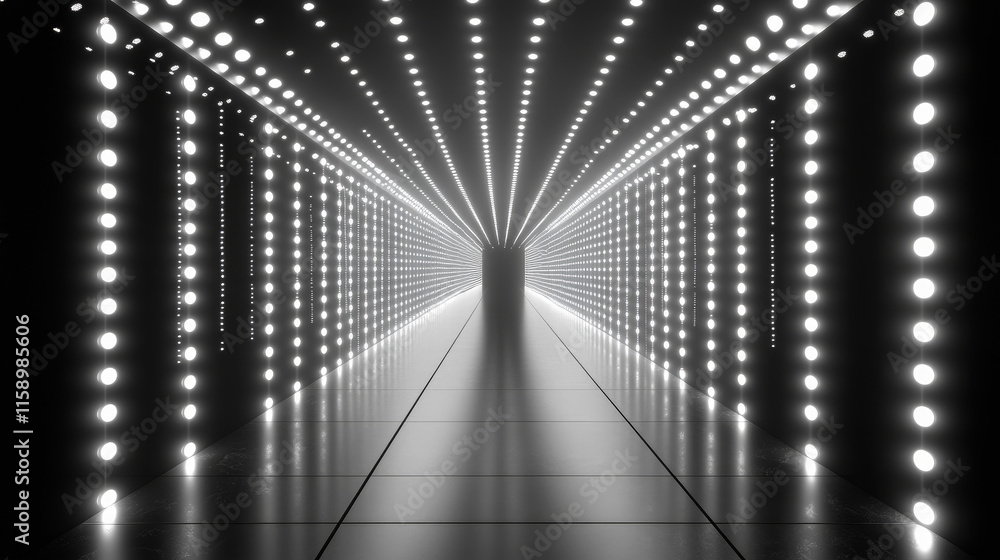 Poster a dark corridor lit by white neon lights. reflections on the floor and walls. empty background in th