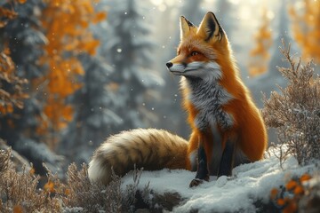 Obraz premium Fox resting in a snowy forest with vibrant fall foliage