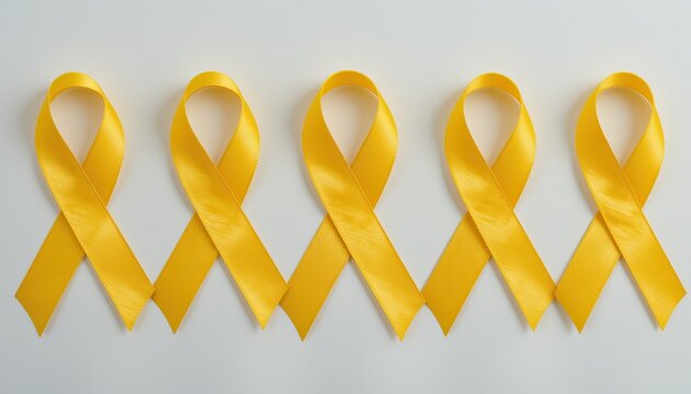 A yellow ribbon representing awareness for adenosarcoma, bladder cancer, bone cancer, endometriosis, sarcoma, spina bifida, and suicide, isolated on a white background
