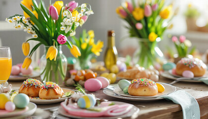 Easter celebration with a colorful table setting. Easter feast with painted eggs and fresh flowers. Festive Easter table with spring flowers and pastries