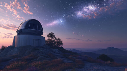Obraz premium Space exploration banner with telescope on hill. Concept of science discovery in astronomy, watching stars and planets. Vector landing page with cartoon illustration of telescope and night starry sky
