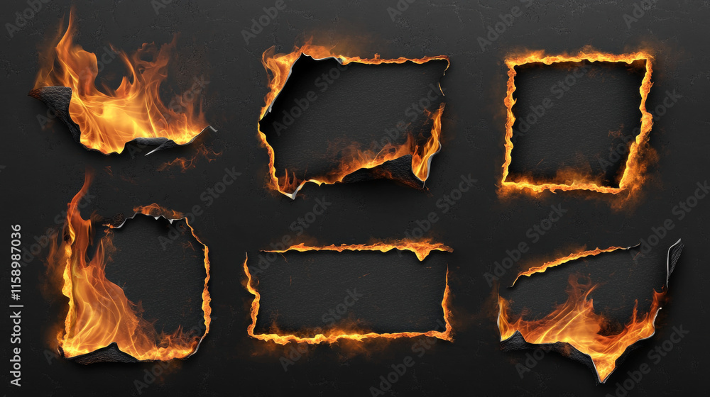 Poster burn paper corners, holes and borders, burnt page with smoldering fire on charred uneven edges, parc