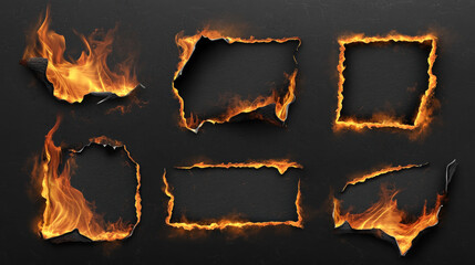 Burn paper corners, holes and borders, burnt page with smoldering fire on charred uneven edges, parchment sheets in flame. Burned frames isolated on transparent background. Realistic 3d vector set