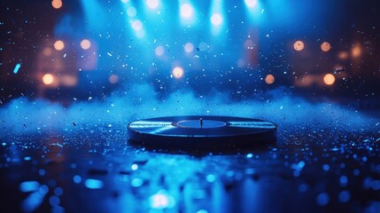 Vinyl record on stage with blue lighting and confetti.