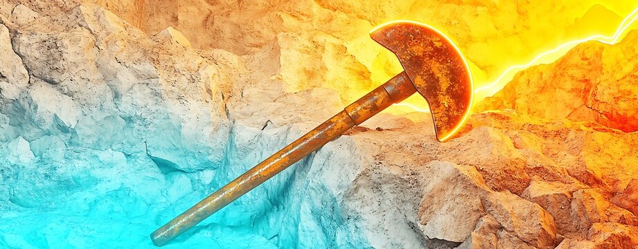 Gold Rush Era, Stunning Digital Watercolor Artwork of Rusty Mining Equipment Set Against a Fiery Background, Capturing the Essence of Adventure and Exploration in Gold Mining