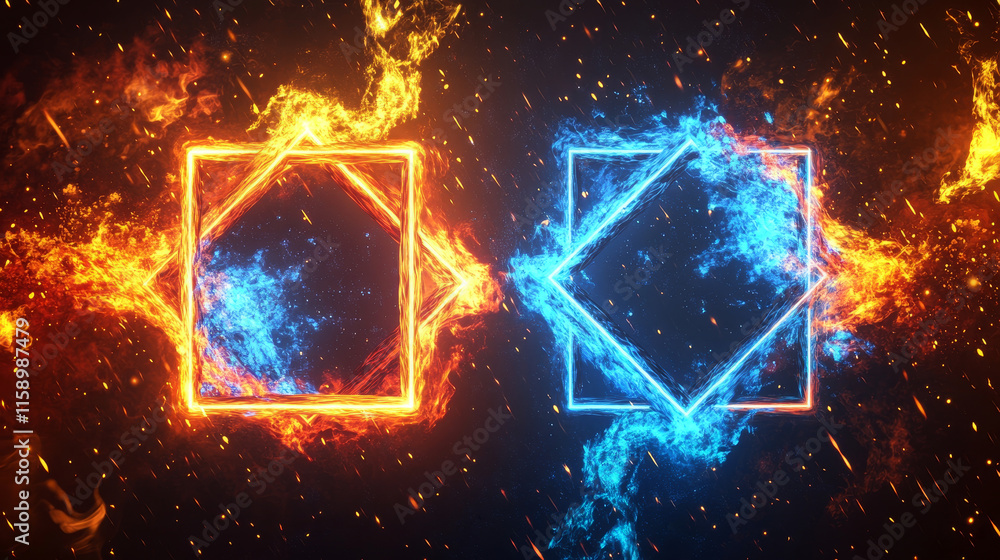 Poster abstract neon frames with fire and ice energy effect. circle and square signs with border of burning