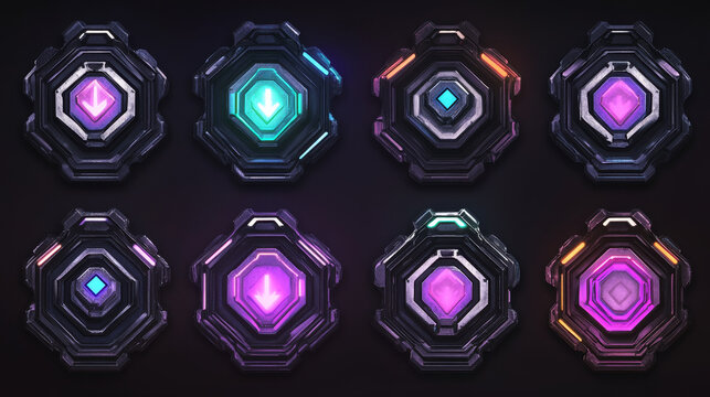 Sci fi neon game rank avatar metal hexagon frame vector set. Cartoon isolated futuristic iron level border badge on dark background. Steel user asset kit. Empty silver ranking template illustration.