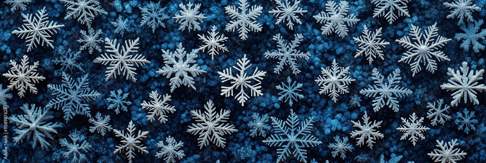 Poster delicate snowflakes create a lacy grid pattern on a deep blue background