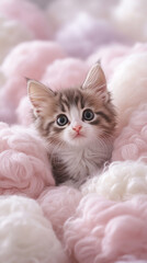 Kitten surrounded by fluffy, pastel clouds