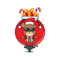 Cute otter carrying bag of presents with motorcycle.