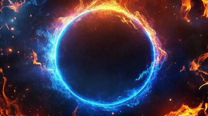 Obraz premium Abstract neon frames with fire and ice energy effect. Circle and square signs with border of burning magic blue and orange flame with sparks, vector realistic set