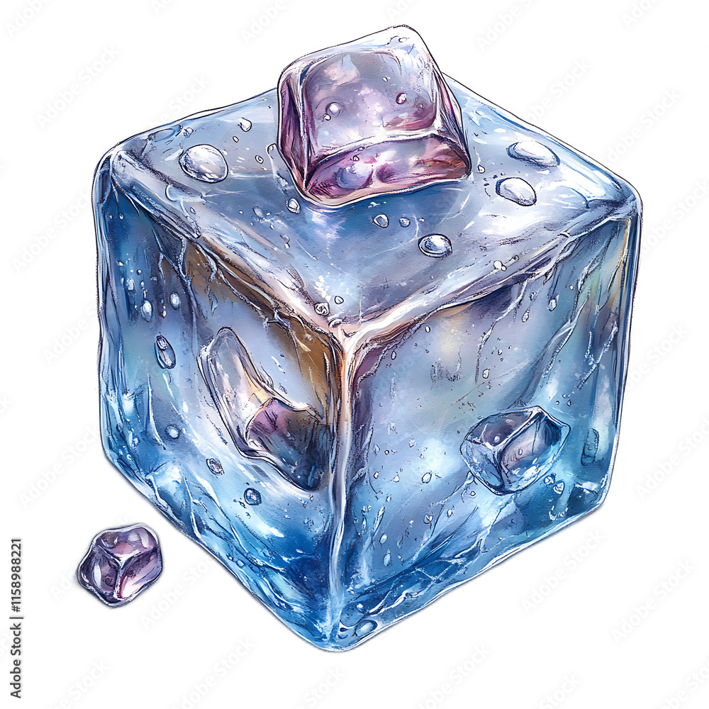 Poster ice cube fantasy: a mesmerizing illustration of a large, translucent ice cube with smaller ice cryst