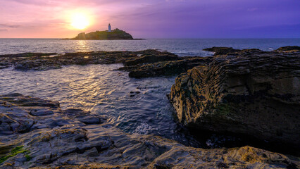Sunset on Godrevy Island Lighthouse, Cornwall