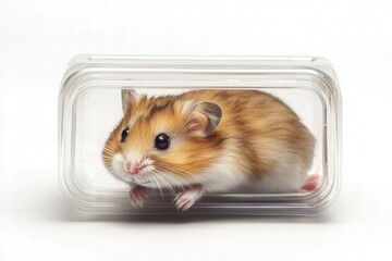 Fototapeta premium Hamster exploring a small transparent container in a bright setting