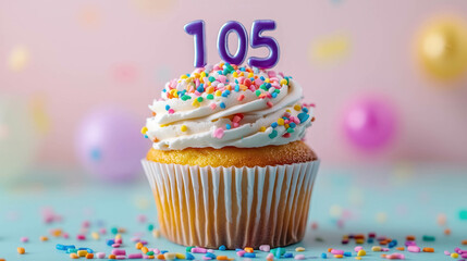 Delicious cupcake celebrating 105th birthday with sprinkles and candle