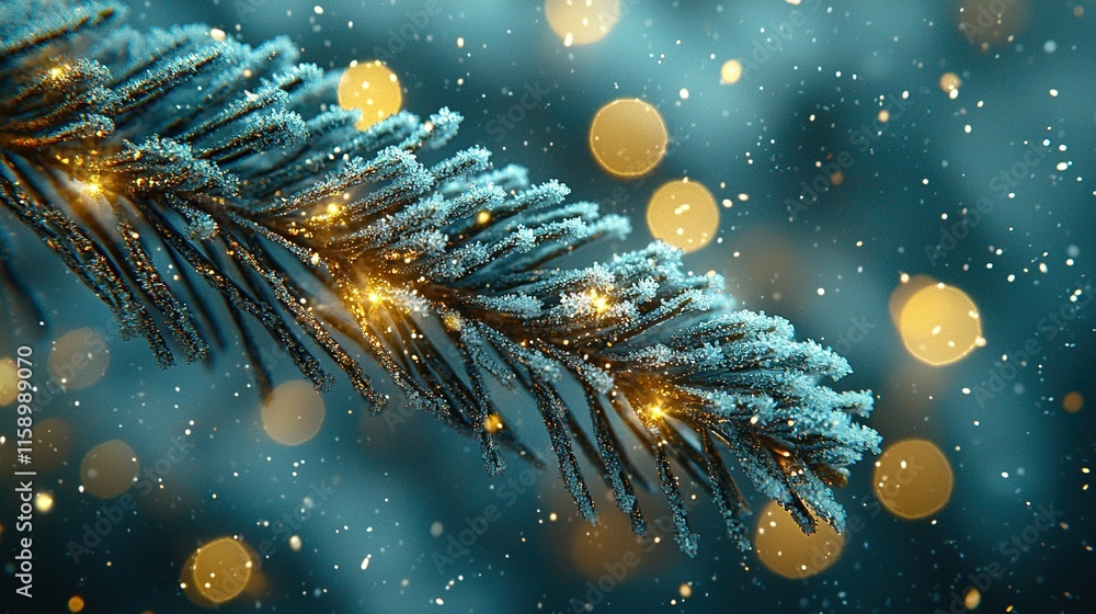 Poster a clear close-up of a pine tree branch with softly blurred lights and snowflakes in the background