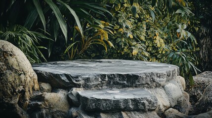 Obraz premium This image features a stone table surrounded by lush green foliage in a serene outdoor setting. The textured surface blends well with nature.