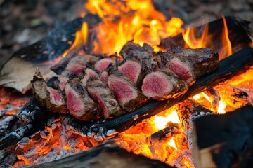 Venison roasting over an open fire at a hunting dinner gathering in a wooded area