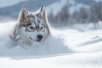 Fototapeta premium Husky dog joyfully playing in deep snow on a winter day in a mountainous landscape