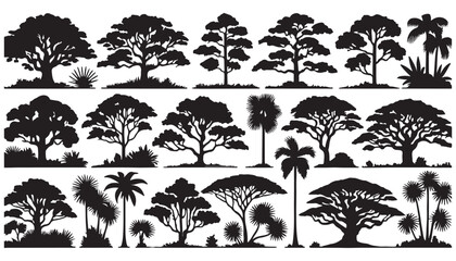 silhouette tree line drawing set, Side view vector illustration design background