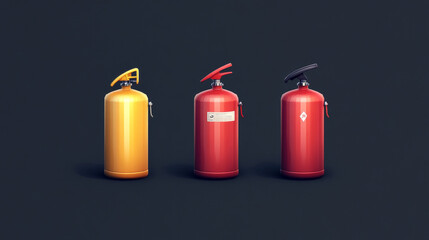 3d realistic fire extinguisher isolated vector icon. Water, powder and foam extinguish security type classifications set. Chemical fighter equipment. Emergency container tool for rescue with button