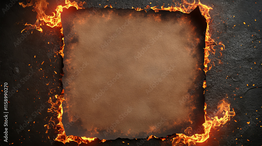 Poster burn paper holes and borders, burnt page with smoldering fire on charred uneven edges, parchment she