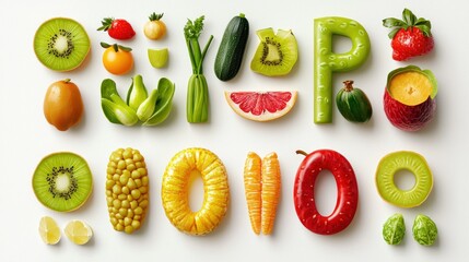 Fresh fruits and vegetables arranged in alphabet letters and numbers.