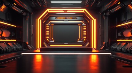 Futuristic Orange Lit Corridor With Platform