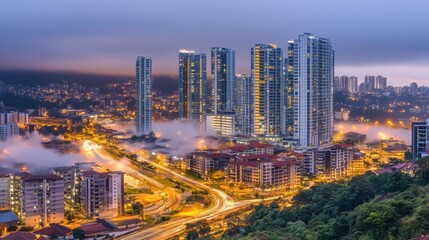 Fototapeta premium Foggy Cityscape with Morning Light Over Commercial District