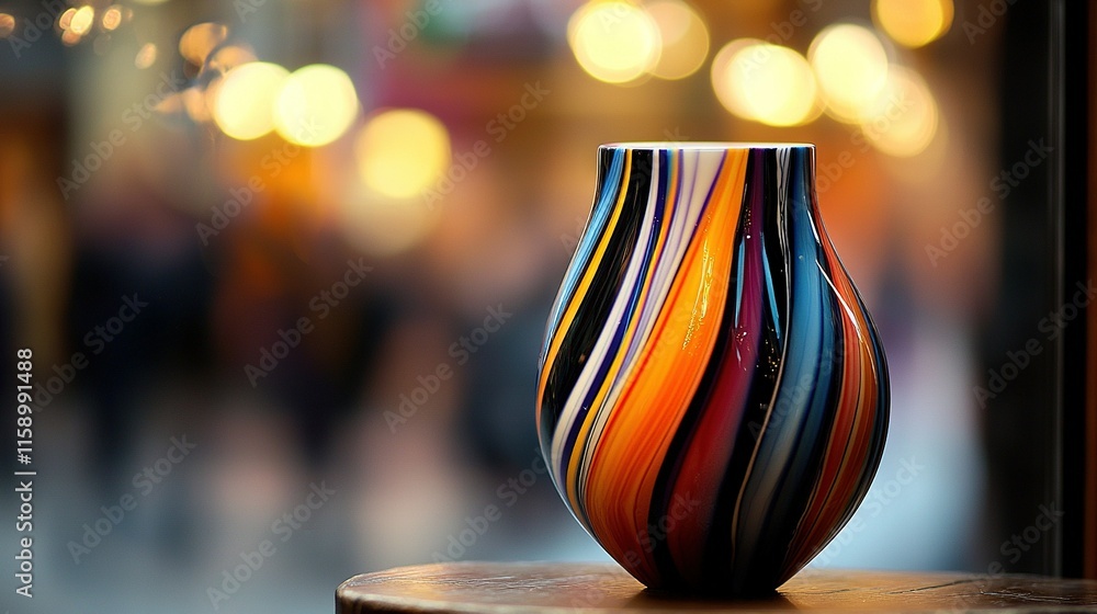Poster a multicolored vase sits on a table in front of a clear storefront window