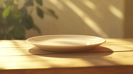 Empty plate on a wooden table illuminated by warm sunlight in a cozy setting