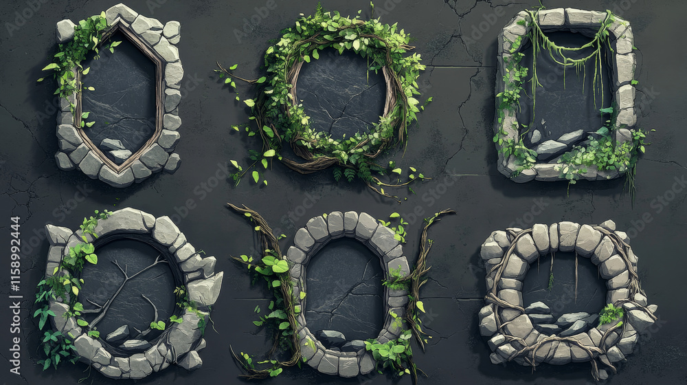 Aufkleber stone frames for game user avatar. vector cartoon set of empty square rock boards with jungle vines 