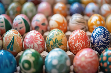 A vibrant collection of hand-painted eggs is arranged in a neat display, showcasing intricate designs and colors. This festive arrangement adds a cheerful atmosphere to the celebration