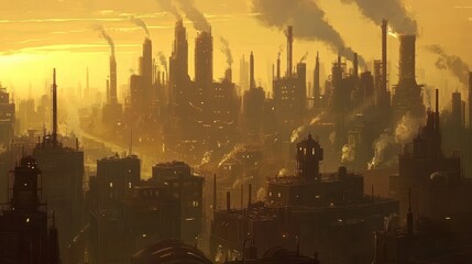 Hazy Dawn Over an Industrial Complex with Smokestacks