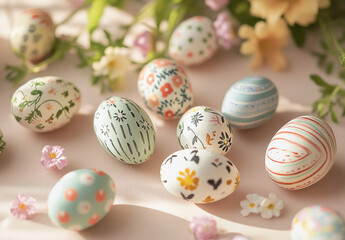 Obraz premium Intricately decorated eggs are arranged on a light surface, surrounded by delicate flowers, creating a vibrant and festive atmosphere for spring celebrations