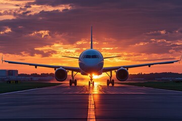 Passenger plane prepares for takeoff at sunset on a busy runway